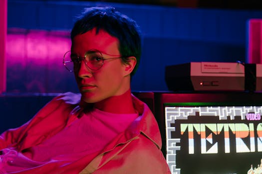 A teenager with eyeglasses in an 80s-style arcade displaying a Tetris game on screen.
