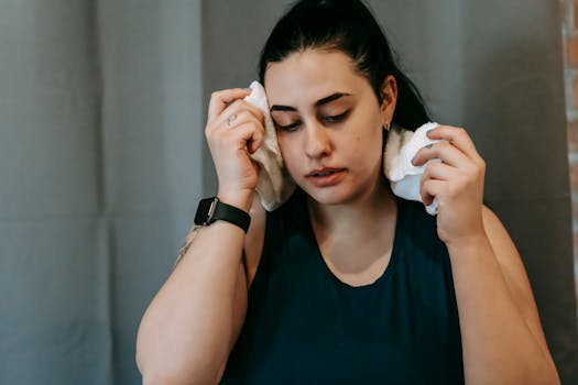 Woman wiping sweat with a towel, taking a break after an intense gym workout, feeling tired.
